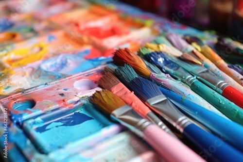 close-up shot of pastels and paintbrushes in an art box