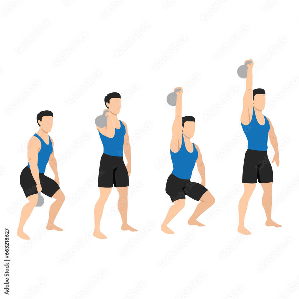 Man doing kettlebell clean and jerk exercise. Flat vector illustration isolated on white background Man doing kettlebell clean and jerk exercise. Flat vector illustration isolated on white background