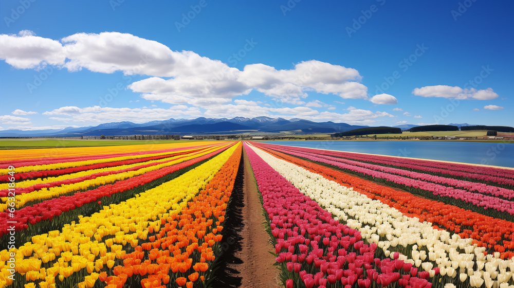 An exquisite aerial display of rows of vivid tulips in bloom, symbolizing springtime joy and majestic beauty.