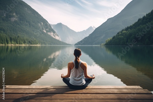 Young woman in sportswear practicing yoga without stress in nature. Female in sportswear sitting in lotus pose. Generative AI