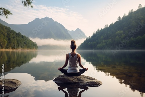 Young woman in sportswear practicing yoga without stress in nature. Female in sportswear sitting in lotus pose. Generative AI