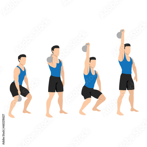 Man doing kettlebell clean and jerk exercise. Flat vector illustration isolated on white background