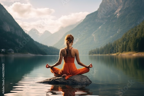 Young woman in sportswear practicing yoga without stress in nature. Female in sportswear sitting in lotus pose. Generative AI