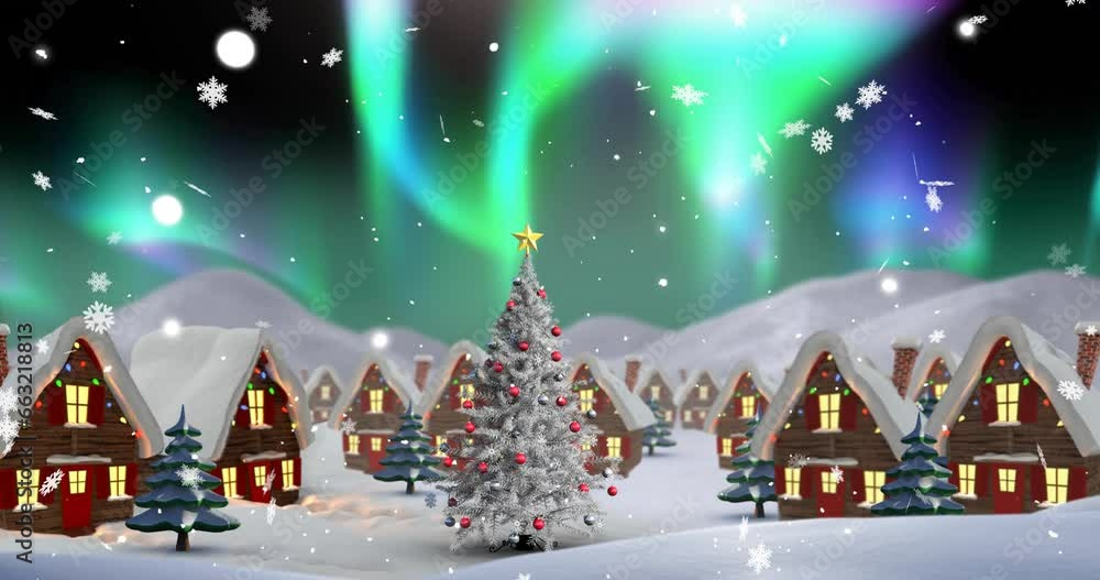 Animation of snow falling and aurora borealis in christmas winter scenery background Animation of snow falling and aurora borealis in christmas winter scenery background