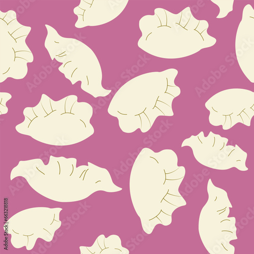 Seamless pattern of traditional Ukrainian Polish food vareniky pierogi on pink background. Vector illustration