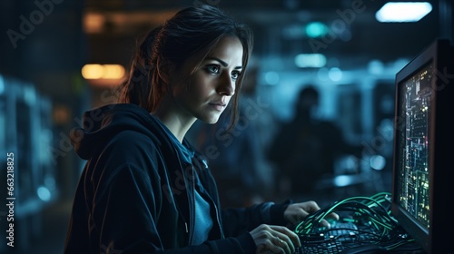 A female IT engineer works in the gloomy server space aiding laptop, network and data center services.