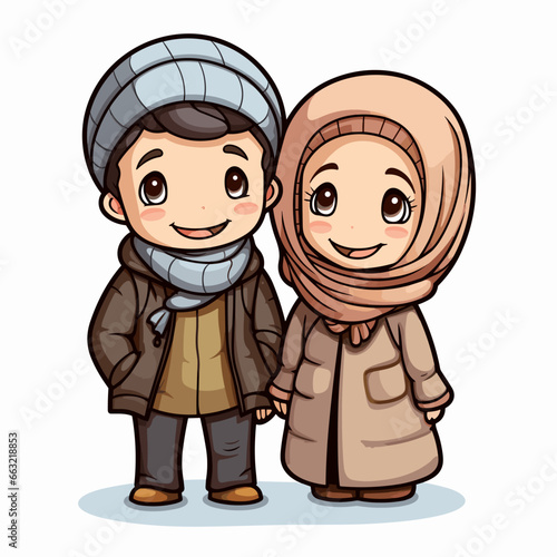 Muslim couple hand-drawn comic illustration. Muslim couple. Vector doodle style cartoon illustration. AI generative