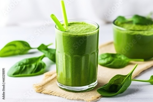 fresh green smoothie with a straw next to spinach leaves