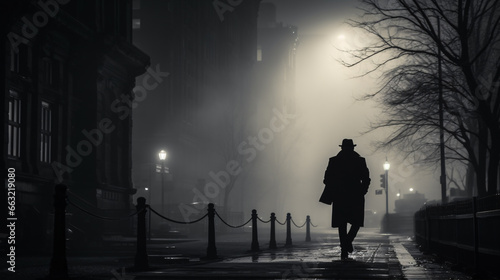 A solitary figure traversing the misty boulevards, a monochromatic snapshot creating vague sentiments of seclusion and enigma.