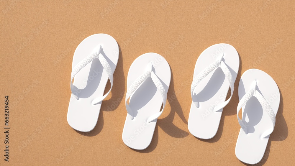Three Pairs Of White Flip Flops On A Tan Background Three Pairs Of White Flip Flops On A Tan Background