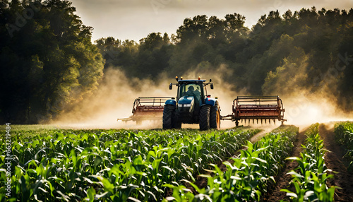 Tractor Spraying Pesticides on cornfield Plantation at Sunset. photo