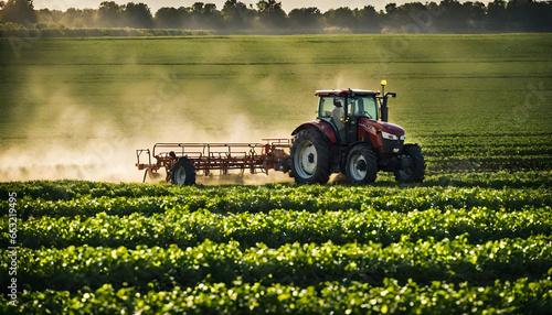 Tractor Spraying Pesticides on Green Soybean Plantation at Sunset.