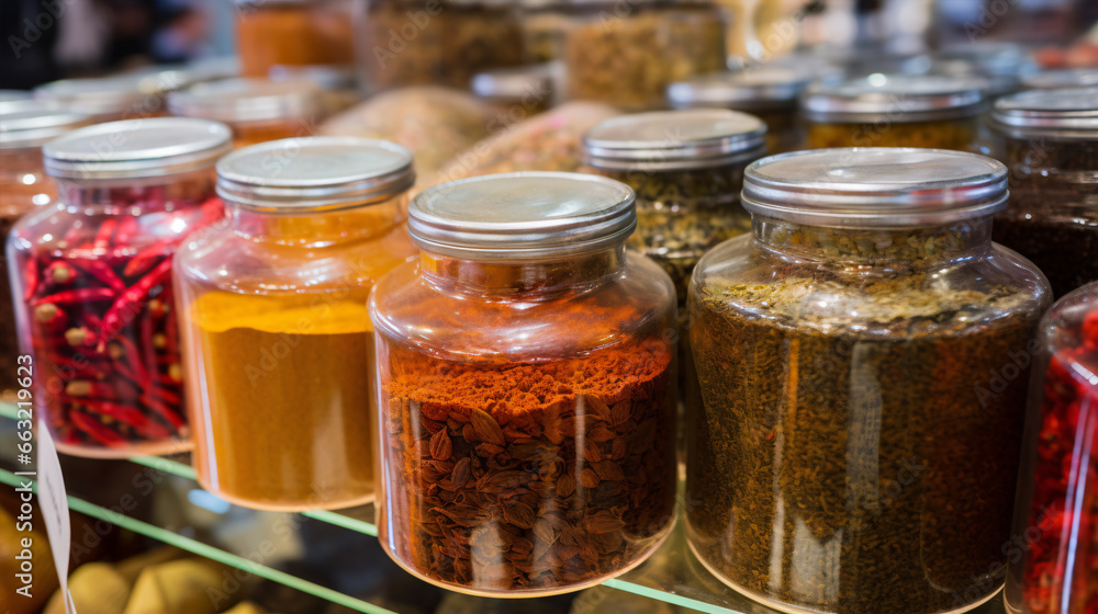 =..Vividly-hued spices arranged artfully in glass receptacles at a spice bazaar are depicted in a striking close-up image. =..Vividly-hued spices arranged artfully in glass receptacles at a spice bazaar are depicted in a striking close-up image.