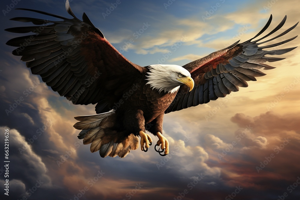Obraz premium Graceful Bald Eagle Soaring Through Clouds