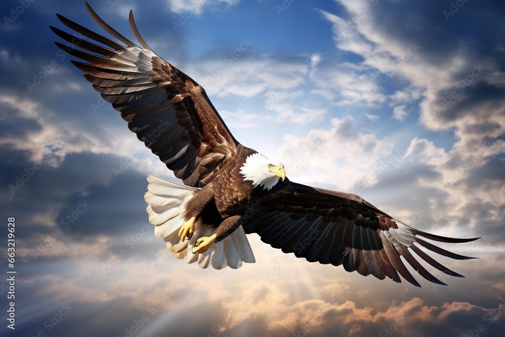 Obraz premium Graceful Bald Eagle Soaring Through Clouds