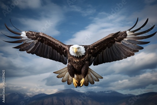 Graceful Bald Eagle Soaring Through Clouds © Maximilien