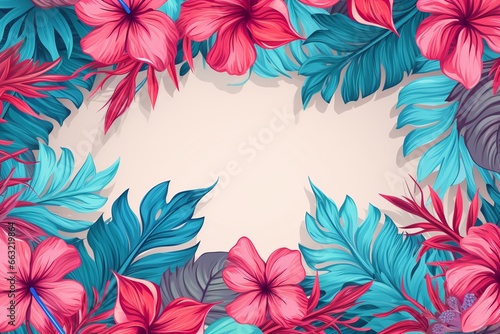 Tropical Flora in Pink-Blue  Exotic Southern Plant Frame