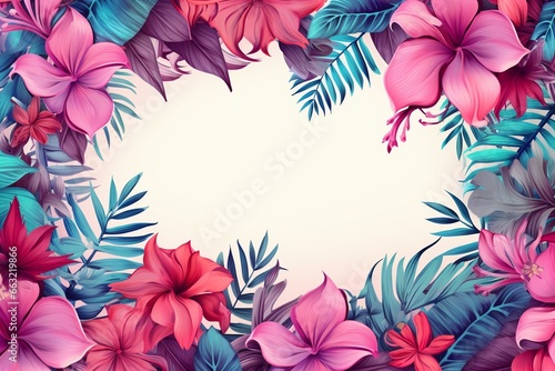 Tropical Flora in Pink-Blue  Exotic Southern Plant Frame