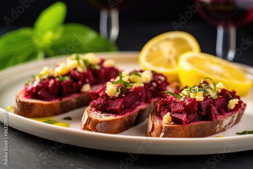 beetroot bruschetta on a glass plate with lemon wedges