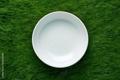 Empty Round White Ceramic Bowl on Green Grass Background photo