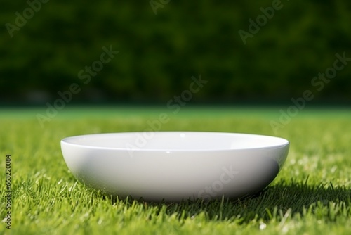 Empty Round White Ceramic Bowl on Green Grass Background photo