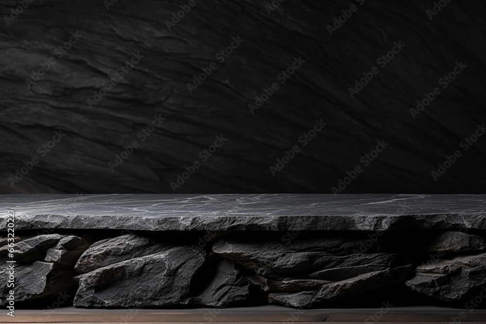 Empty Top of Natural Stone Table and Black Wall Background - High Quality Photo