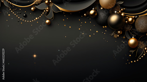 Elegance Christmas Gold and Black Background with Flower Glitter Ornaments - Ideal for Festive Decorating Baubles with Ample Copy Space, Sophisticated Holiday Decor