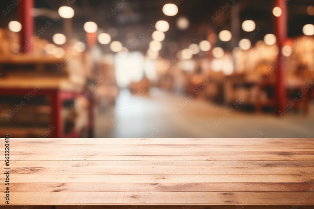 Fototapeta premium Wooden Table Top and Blurred City Traffic at Sunset