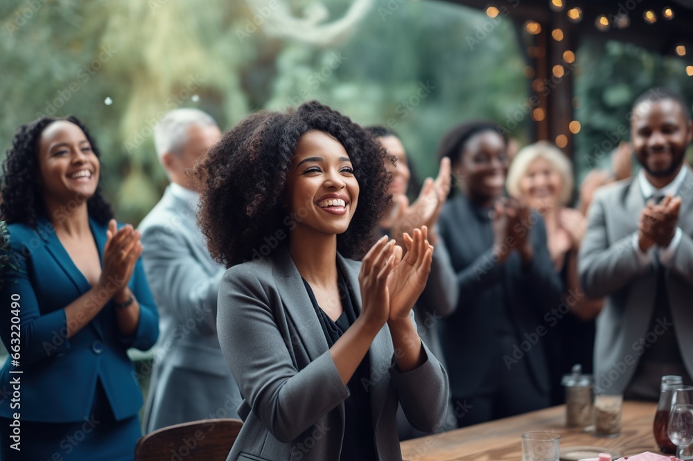 Black woman, Target growth, finance team and diversity of business group clapping for support and happiness. Company success. Generative AI Black woman, Target growth, finance team and diversity of business group clapping for support and happiness. Company success. Generative AI