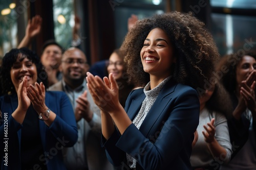 Black woman, Target growth, finance team and diversity of business group clapping for support and happiness. Company success. Generative AI photo