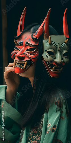 Japanese Girl Wearing Hannya Mask in Traditional Kimono - Dramatic Cultural Portrait photo