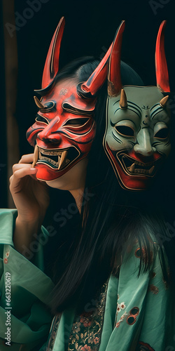 Japanese Girl Wearing Hannya Mask in Traditional Kimono - Dramatic Cultural Portrait