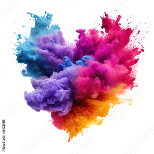 colorful vibrant smoke bomb explosion clouds in the shape of a heart - on transparent background 