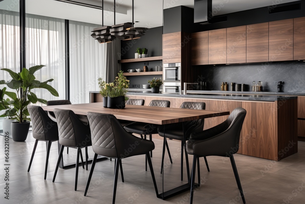 Modern Kitchen Interior with Wooden Dining Table and Chairs - High Quality Photo Modern Kitchen Interior with Wooden Dining Table and Chairs - High Quality Photo