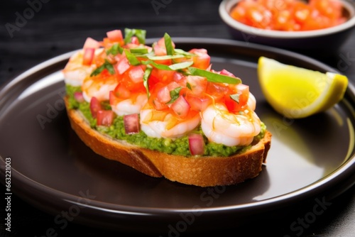 neon colored plate with freshly made shrimp bruschetta