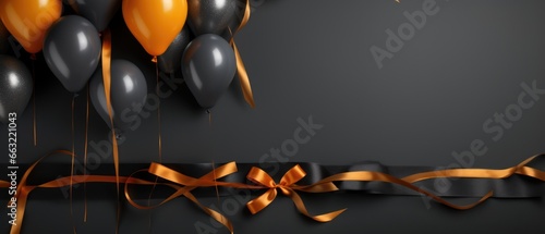 sale of black and white balloons with gold ribbon.