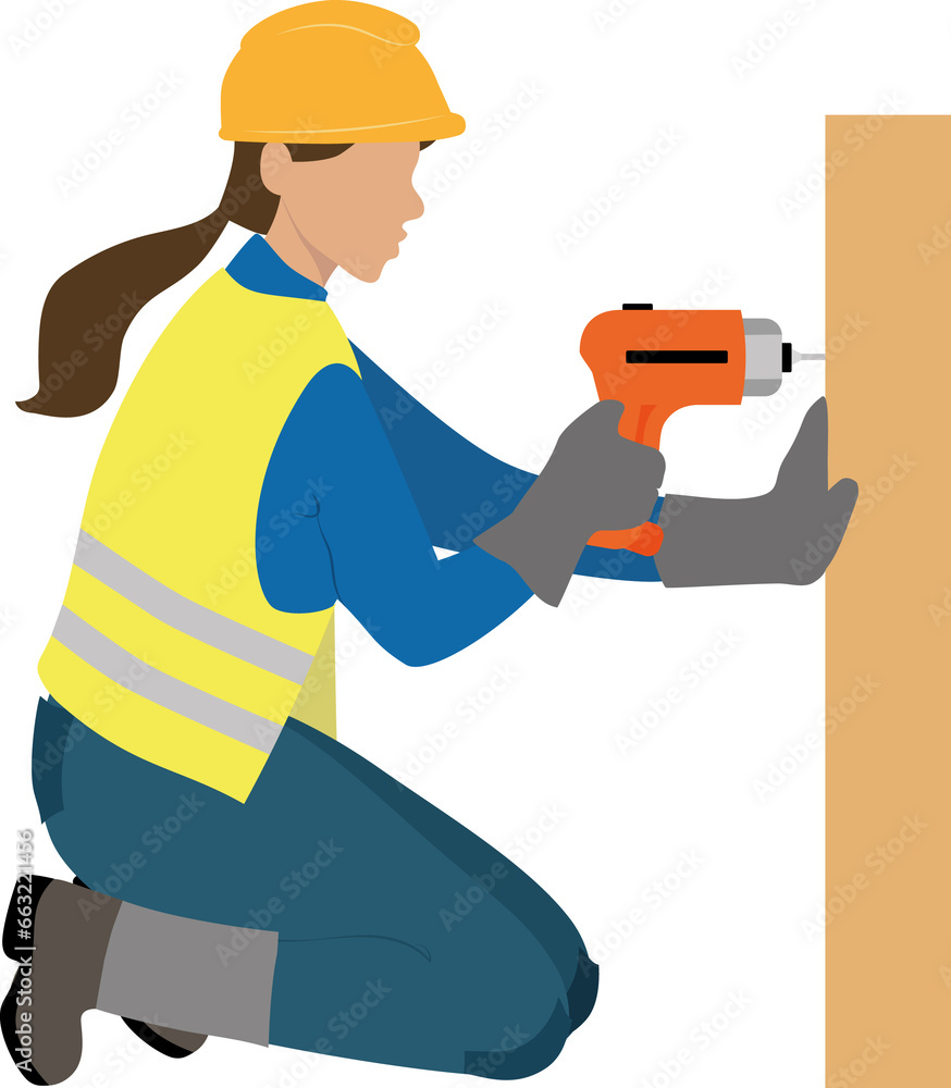 A female carpenter, in a crouched position, is using an electric screwdriver to fasten a screw onto a wooden surface A female carpenter, in a crouched position, is using an electric screwdriver to fasten a screw onto a wooden surface