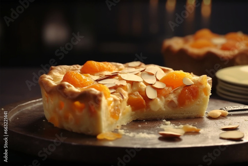 Apricot almond pie with pieces on glass plate photo
