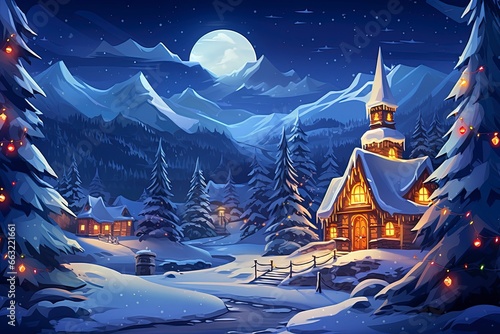 presents with glowing christmas tree at night in the snow, vibrant stage backdrops, mountainous vistas, generative ai