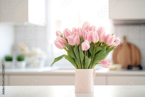 A bouquet of tulips on a white table. #663221667