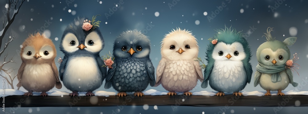 Obraz premium Cute Birds on a Branch - Watercolor Illustrations - Wide Format for Mug Sublimation