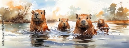 Cute Swimming Capybaras - Watercolor Illustrations - Wide Format for Mug Sublimation