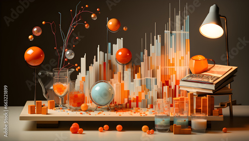 A business information graph presented in a photo-realistic still life style. Rendered with light gray and orange tones, the vray tracing technique gives it depth. Inspired by the diverse color palett