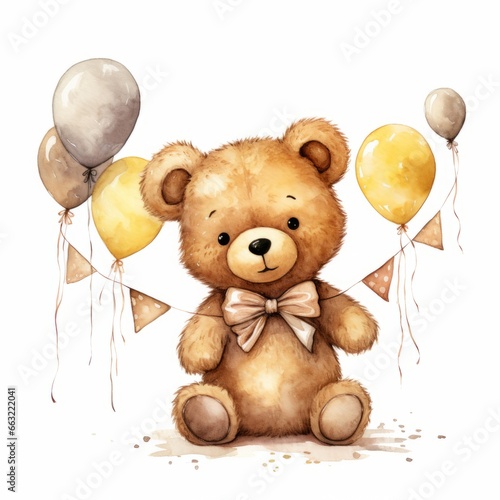 Teddy Bear Birthday Celebration - Watercolor Illustration - Wide Format for Mug Sublimation photo
