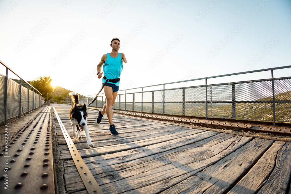 An adult man with an amputated arm is running with a dog in a harness on an outdoor bridge. Canicross concept, running with a border collie. Sports activities with animals.