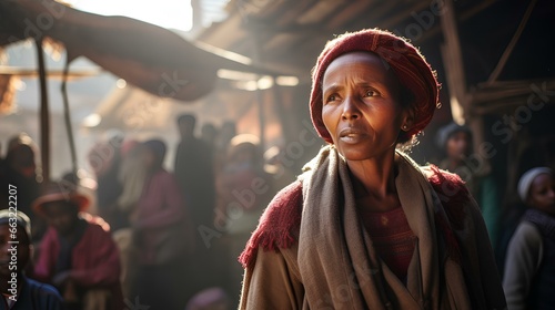 an afro ethiopian woman looking upwards with determination  with hope and ambition. backdrop showcases a bustling traditional market. successful business amidst economic challenges. generative AI © yj