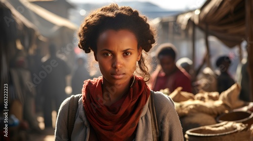 an afro ethiopian woman looking upwards with determination  with hope and ambition. backdrop showcases a bustling traditional market. successful business amidst economic challenges. generative AI