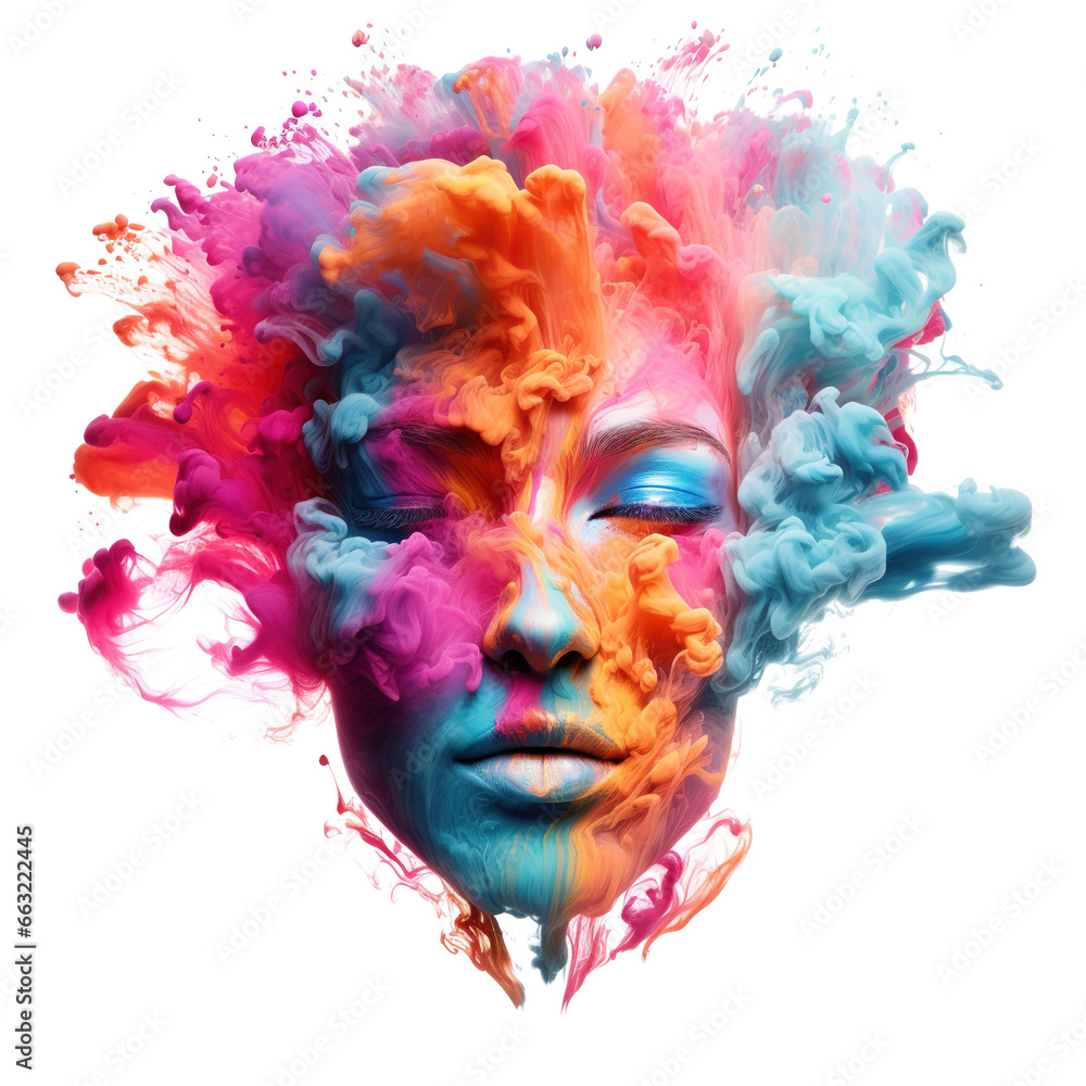 colorful faces made out of vibrant smoke bomb explosion clouds on transparent background