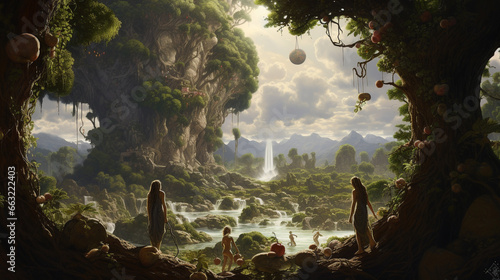 The Garden of Eden is a biblical paradise described in the Book of Genesis, symbolizing a pristine and idyllic place where the first humans, Adam and Eve, lived in harmony with nature. AI Generated.