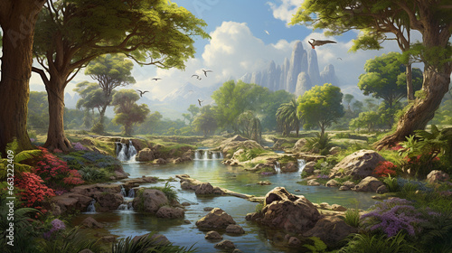 The Garden of Eden is a biblical paradise described in the Book of Genesis, symbolizing a pristine and idyllic place where the first humans, Adam and Eve, lived in harmony with nature. AI Generated. photo